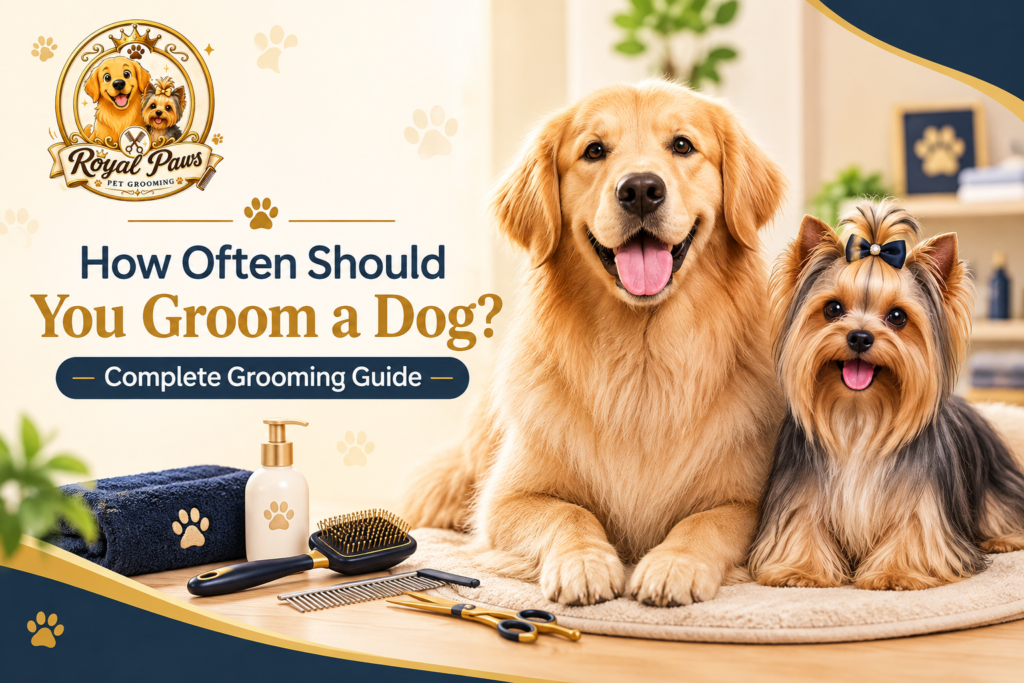 Royal Paws Pet Grooming featured image showing a Golden Retriever and Yorkshire Terrier with grooming tools and the text “How Often Should You Groom a Dog?